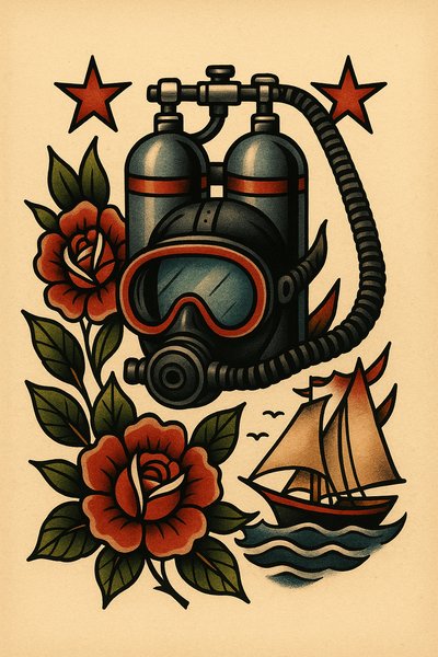 Vintage scuba diving helmet with floral elements