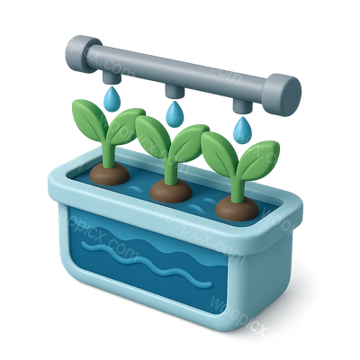 3D Hydroponic System Icon with Plants and Water Droplets