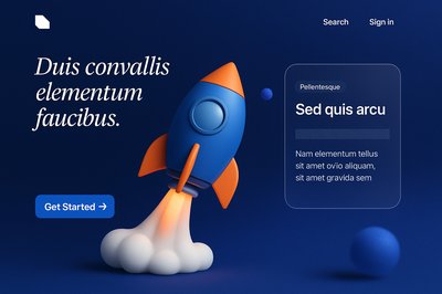 3D Landing Page Design with Rocket and Call to Action