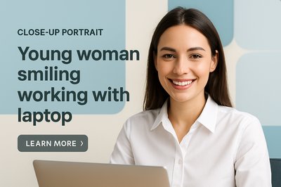 Professional Office Portrait of a Young Woman Working on Laptop