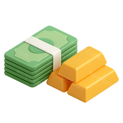 3D Icon of Money and Gold Bars with Isometric View