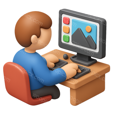 3D Icon of a Photo Retoucher at Computer Desk