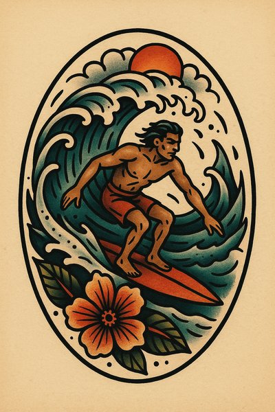 Vintage Surfing Tattoo Art with Waves and Sun