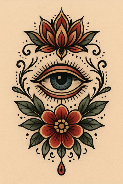 Intricate Eye and Floral Tattoo Design Illustration