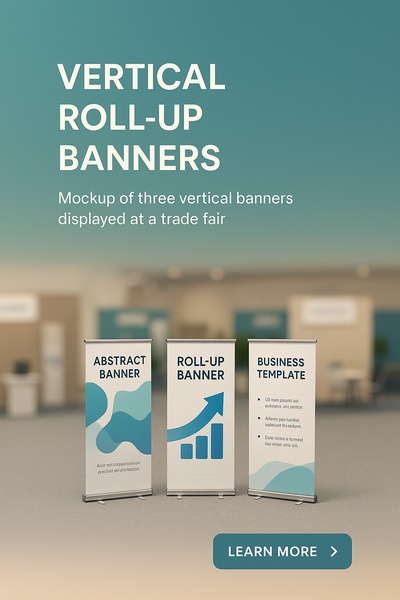 Mockup of Vertical Roll-Up Banners at a Trade Fair