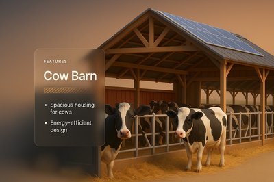 3D Cow Barn Illustration with Features