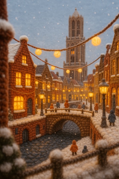 Charming Winter Scene of Utrecht Old Town in Wool