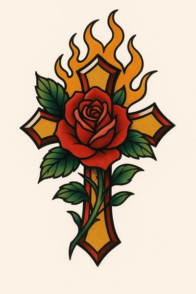 Vibrant Tattoo Design Featuring Cross and Rose