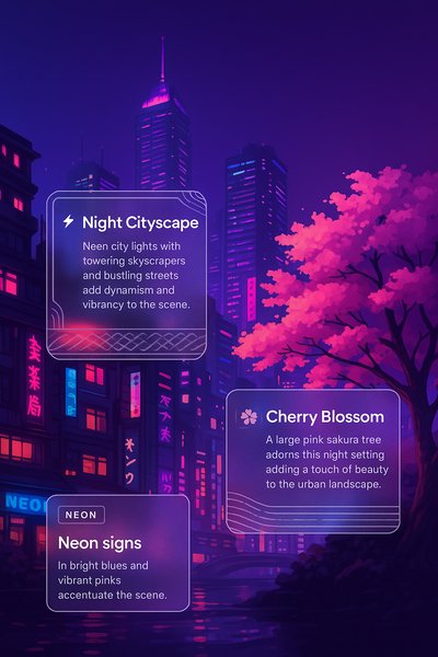 Enchanting Japanese Night Cityscape with Cherry Blossoms