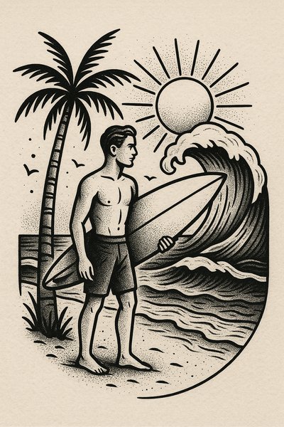 Stylized Surfing Illustration with Wave and Palm Tree