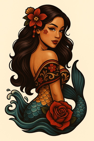 Glamorous Mermaid Tattoo Design by the Sea