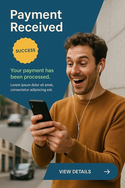 Surprised Man Receives Payment Notification with Joyful Expression