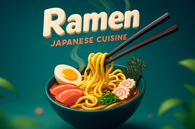 Dynamic 3D Illustration of Ramen Bowl with Cuisine Elements