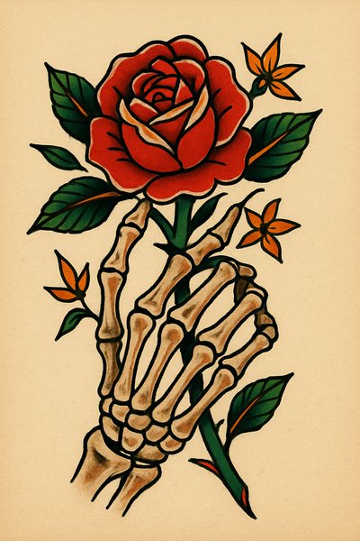 Tattoo design featuring a skeleton hand holding a rose