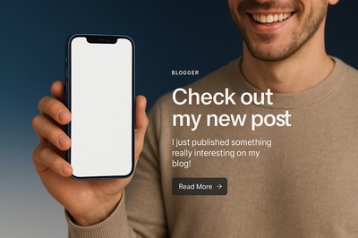 Engaging Blogger with Smartphone Displaying New Post Announcement