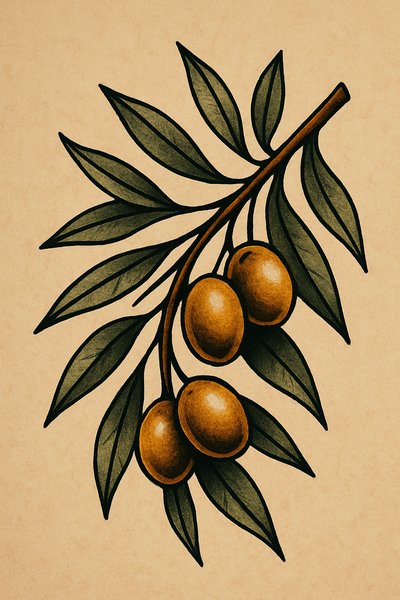 Botanical illustration of olive branch with fruit