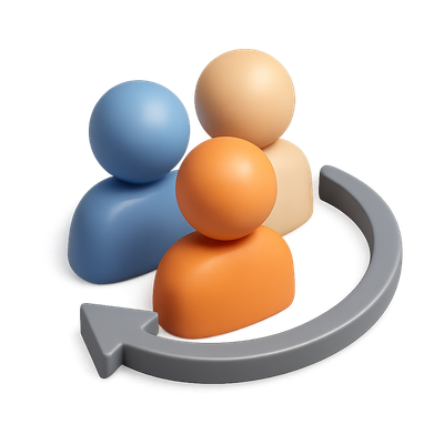 Stylized 3D Arrow and Trio of Figures in Isometric View