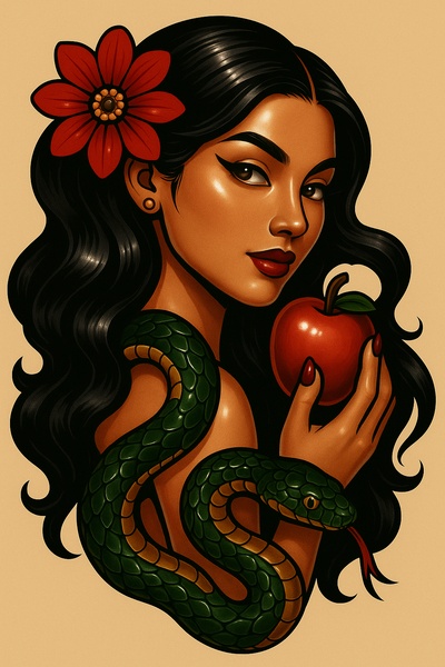 Stylized Artwork of a Woman Holding an Apple with a Snake