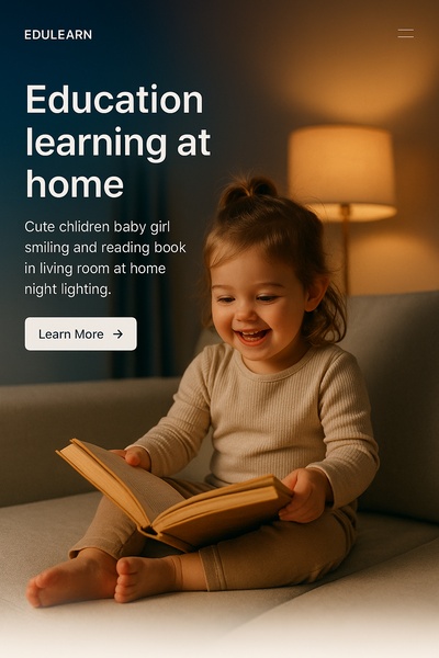 Smiling Baby Girl Reading a Book in Cozy Living Room