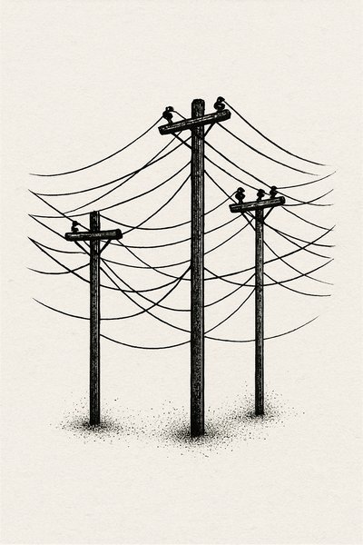 Illustration of Utility Poles with Birds on Wires