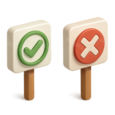 3D Check and Cross Icons with Wooden Sticks