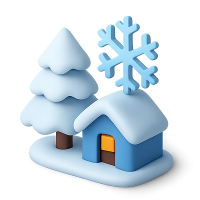 Stylized 3D Winter Scene with Snowflake and Cabin