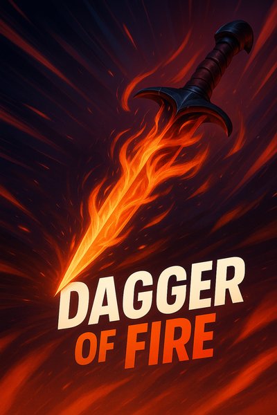 Dynamic Illustration of a Fiery Dagger with Bold Title Design