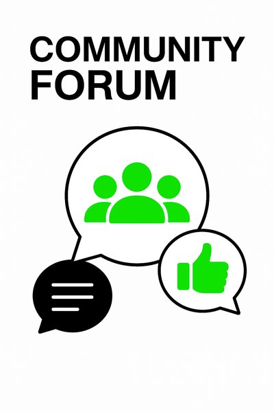 Community Forum Graphic with Chat Bubbles and Icons