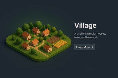 Detailed 3D Village Scene with Houses and Farmland
