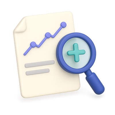 3D Graph Analysis Icon with Magnifying Glass on Transparent Background