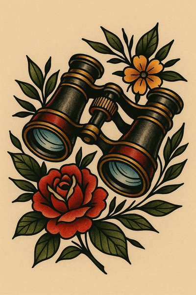 Artistic illustration of binoculars surrounded by flowers