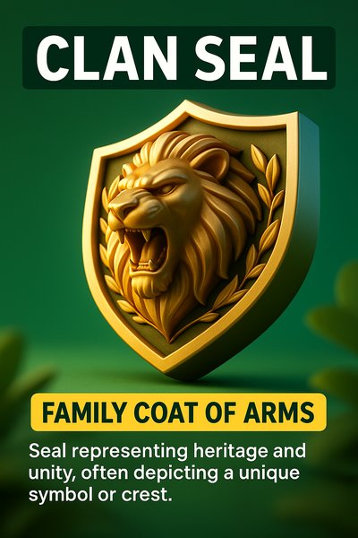 3D Clan Seal Illustration with Bold Text and Dynamic Design