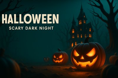 Eerie Halloween Landscape with Pumpkins and Haunted House