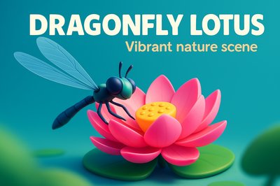 Dynamic Dragonfly and Lotus in a Vibrant Nature Scene