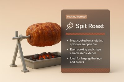 3D Illustration of Spit Roast Cooking Method with Informative Card
