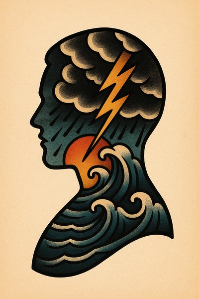 Stormy Silhouette Tattoo Design with Waves and Lightning