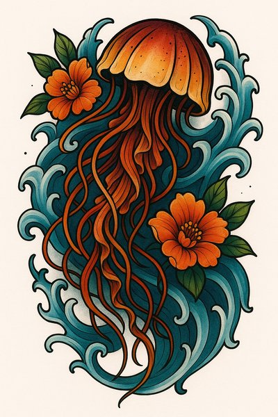 Vibrant Jellyfish Illustration with Floral Elements