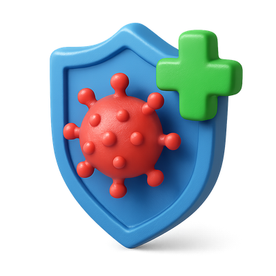 3D Virus Shield Icon with Plus Sign for Protection