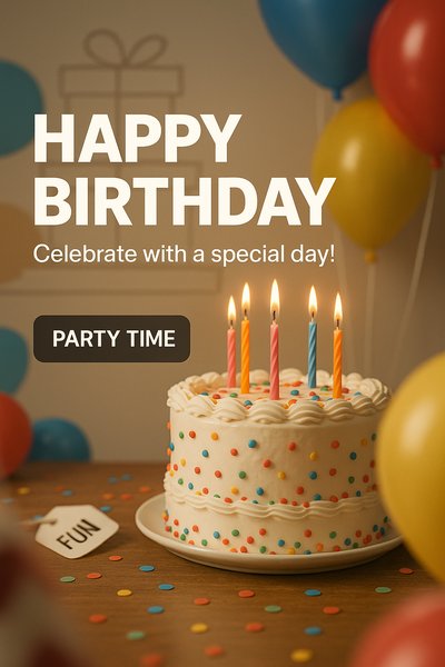 Festive Birthday Celebration Image with Cake and Balloons