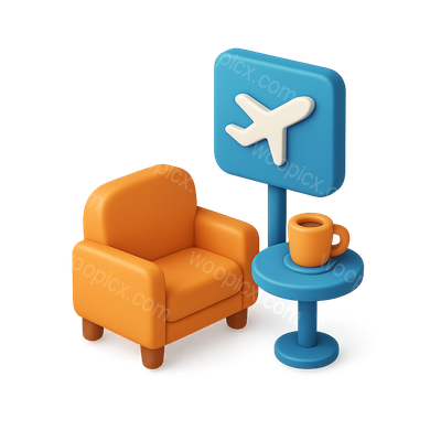 3D Airport Lounge Icon with Chair and Coffee