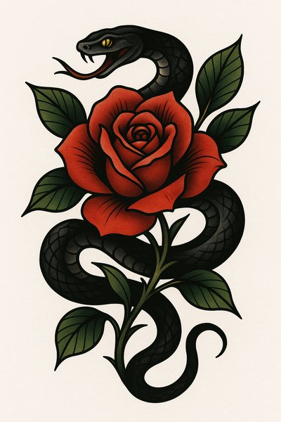 Stylized Tattoo Design Featuring Snake and Rose