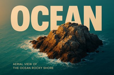 Stunning Aerial View of Ocean Rocky Shore with Bold Typography