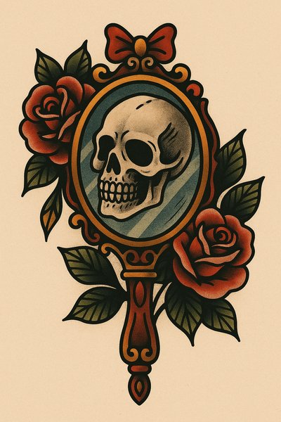 Classic Mirror Tattoo Design with Skull and Roses