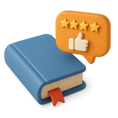 Stylized 3D Book Icon with Review Elements