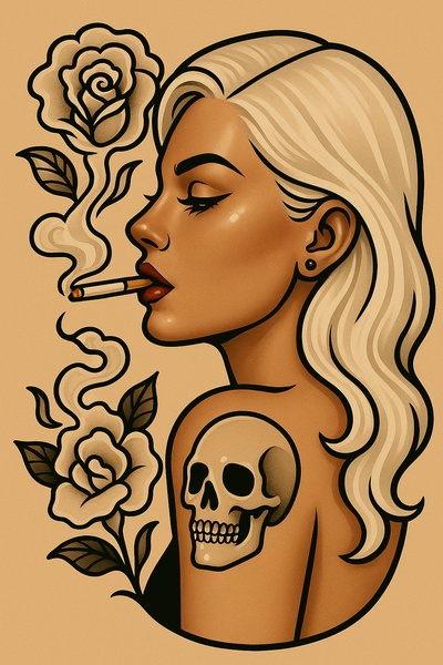 Stylized Tattoo Art of a Woman Smoking with Skull and Roses
