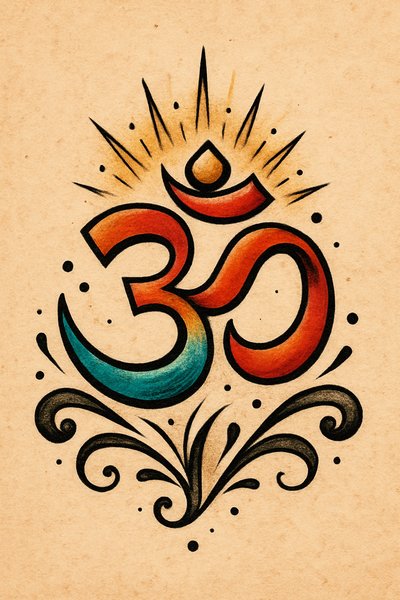 Artistic depiction of the Om symbol with decorative elements