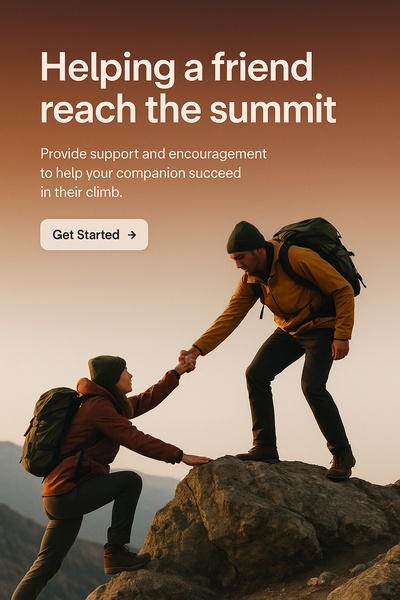 Hiker Assisting Friend to Summit Mountain Top