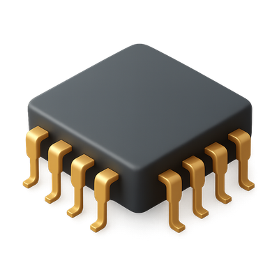 Stylish 3D Microchip Icon with Golden Pins