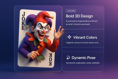Vibrant 3D Joker Card Illustration with Feature Blocks