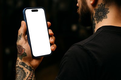 Tattooed Barber Holding a Phone in a Dynamic Shot